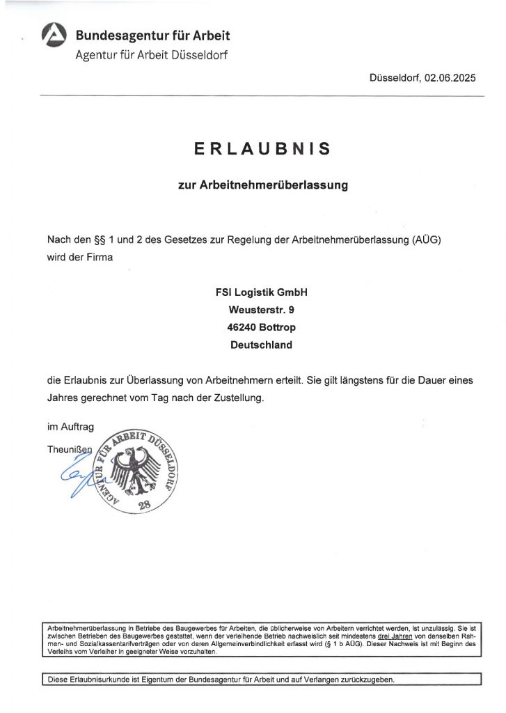 Erlaubnis Arbeitsnehmerüberlassung AY Holding